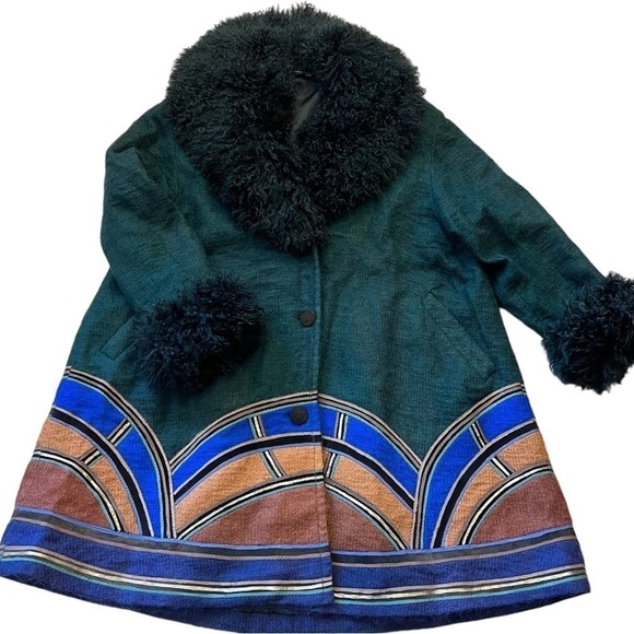 Penny Lane handpainted boho coat, mohair & leather mongolian fur shaggy collar,L - Picture 1 of 15